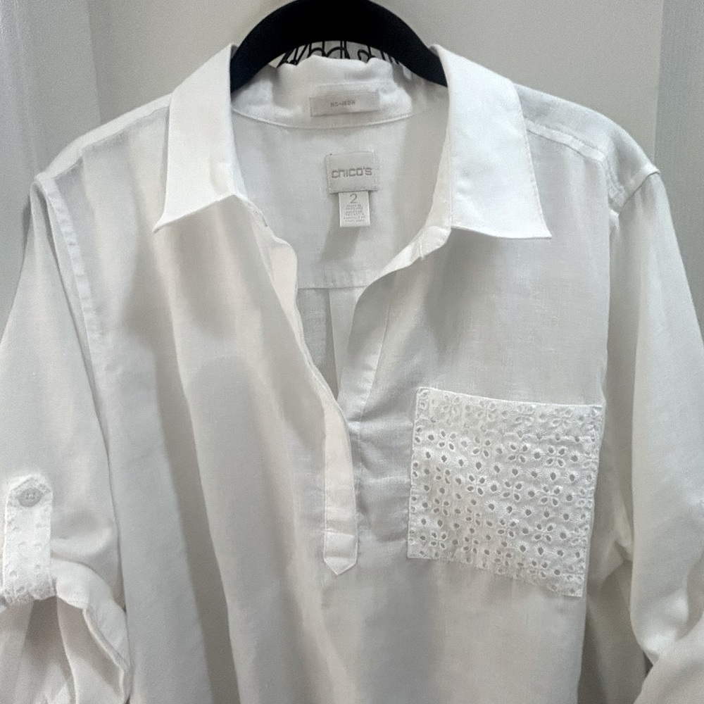 Chico’s Three-quarter sleeve white linen top size 2